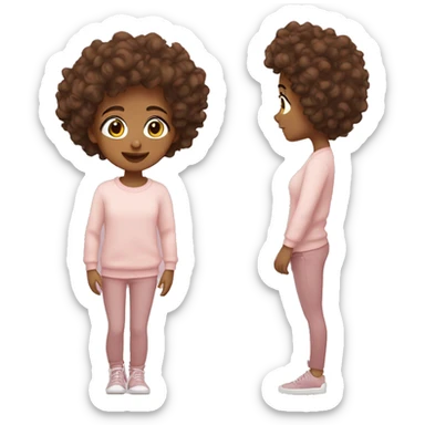 Tan skin girl with curly brown hair, brown eyes with a light pink sweater sticker