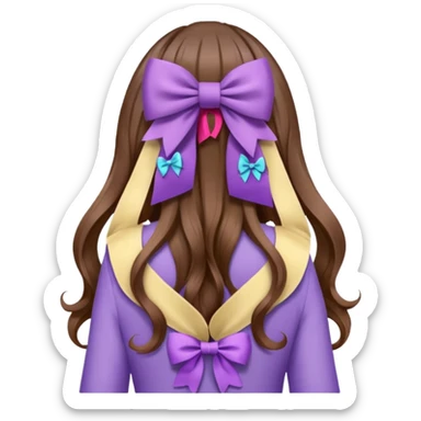 long wavy brown hair from behind with a medium lilac bow sticker