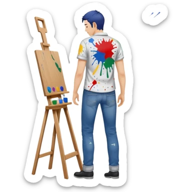 the white artist stands with his back to the painting, painting a portrait sticker