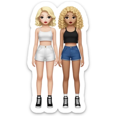 Full body of two teenage girls standing together, one white with straight blonde hair and one brown-skinned with curly dark hair, both with heavy makeup, big lips, crop tops and choni style clothing sticker