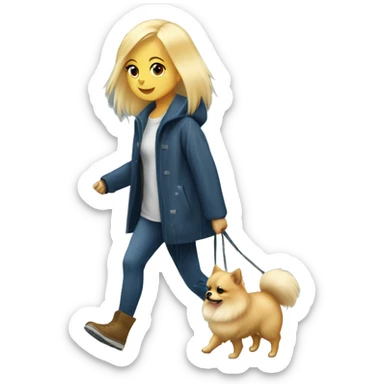 Blonde girl walking tiny pomeranian under the rain sticker