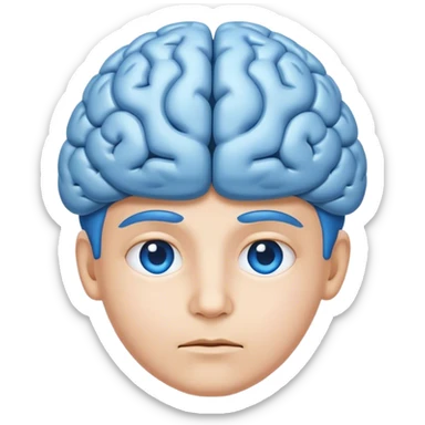 All blue adult person face emoji with a brain for hair and calm content expression sticker