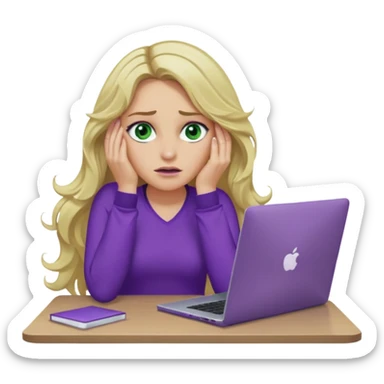 lady with long wavy blonde hair, purple top, green eyes, elbow on desk with hand on face, with a purple mac laptop tears rolling down her face as poorly sticker