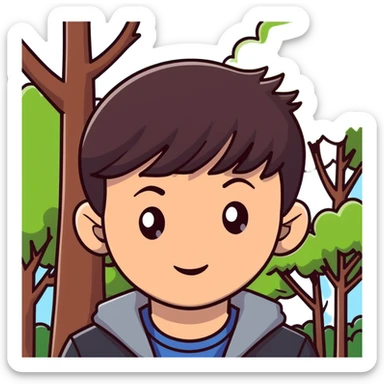 boy with straight short brunette hair brown eyes and tree behind sticker