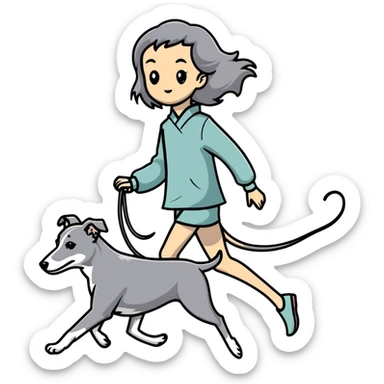 Japanese girl with flowing hair walking a solid grey greyhound with no white markings sticker