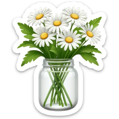 bouquet of daisies in a glass jar, green sticker