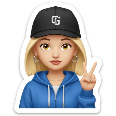 Emoji of a white girl with a gangster vibe — cartoon style, small rounded emoji proportions, confident smirk, wearing a snapback hat tilted to the side, hoop earrings, baggy hoodie, and making a hand sign. Bright, bold colors, clean minimal shading, glossy emoji finish sticker