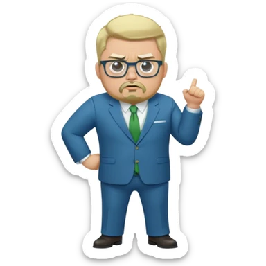 Full Body white male plus size wearing glasses with a goatee with lihu blonde and gray very short hair angry head Coach in blue and green suit sticker