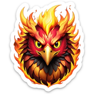 Cinematic Fierce Battle-Hardened Mystical Fire Phoenix Portrait Emoji, head tilted with an aggressive, unwavering gaze that speaks of relentless combat. The flame-kissed form is marked by rugged, charred feathers and vivid battle scars. Its blazing eyes radiate raw intensity and steely resolve, rendered with lifelike detail and stark natural lighting, high shine, channeling an aura of unyielding warlike energy and valor, softened by a dynamic glowing outline that highlights its battle-earned ferocity. sticker