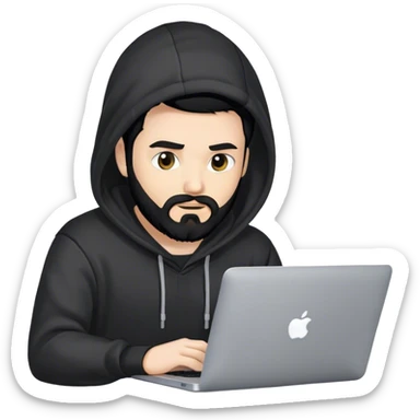 hackeur blanc cheveux noir barbe et capuche noir avec un macbook sticker