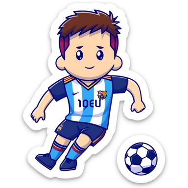 lionel messi dribbling a soccer ball wearing a blue and white jersey sticker