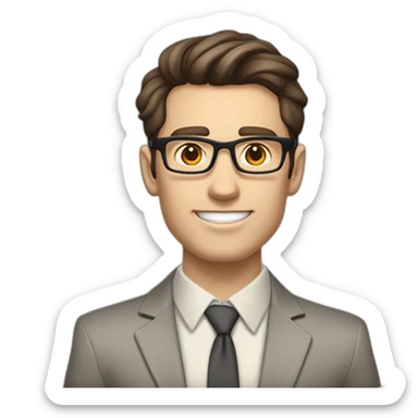 Pale skinned fit man with dark brown hair in gray jacket, beige office shirt, brown tie, brown pants and vintage glasses Writing on the flipchart sticker