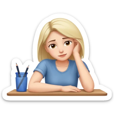 Tired woman with slight smile leaning head on one hand, elbow on desk sticker