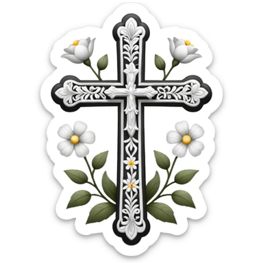 a black and white detailed cross with flowers over lapping sticker