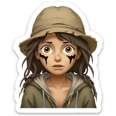 very dirty looking homeless woman with ripped hat and face with ugly hair sticker