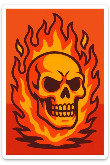 skull engulfed in fire, vibrant flames, dramatic, detailed sticker