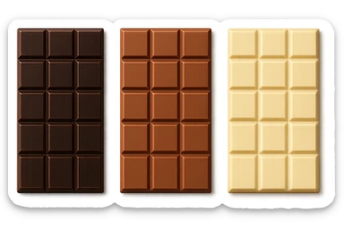 3 BARRETTE DI CIOCCOLATO, UNA FONDENTE, UNA AL LATTE E UNA BIANCA, VISTE DALL'ALTO, IPERREALISTICO 4K sticker