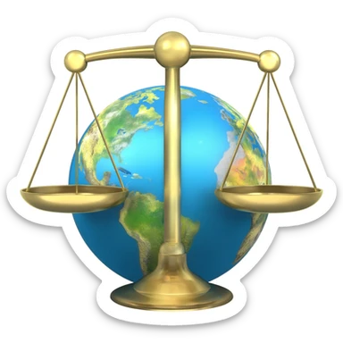 Minimalist golden scales of justice balanced over a globe, symbolizing global law and fairness sticker