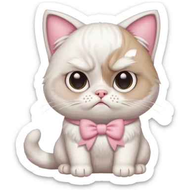 A White grumpy cat with light pink ears and paws and with a bow around its neck sticker