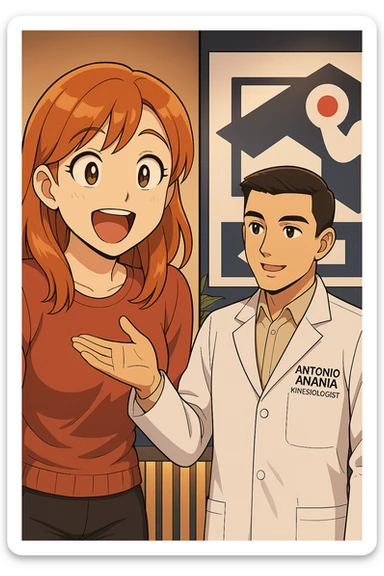 su questo stile fai un manga/webtoon a colori in cui C'è UNA STRISCIA CON FOCUS SUL VOLTO DELLA donna CON ESPRESSIONE DI STUPORE CHE ESCLAMA UNA COSA FELICE, MENTRE NELLA STRISCIA A DESTRA SI VEDE, l'uomo della foto in stile manga LE SPIEGA CHE DEVE PROVARE LA SUA VALUTAZIONE MEDICA, mantieni un ambiente simile alla foto che ho allegato con il suo logo (sarebbe il suo studio, lui è un kinesiologo), scrivigli "ANTONIO ANANIA" sul camice bianco, non mettere fumetti, ma fai in modo che sembri che la donna CHIEDA E  l'uomo RISPONDA sticker