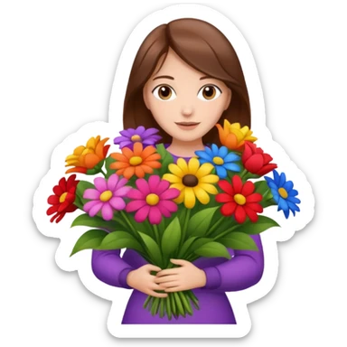 brown hair woman with big bouquet of flowers sticker