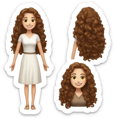 White woman, long brown curly hair, happy, say hello with sher hands sticker