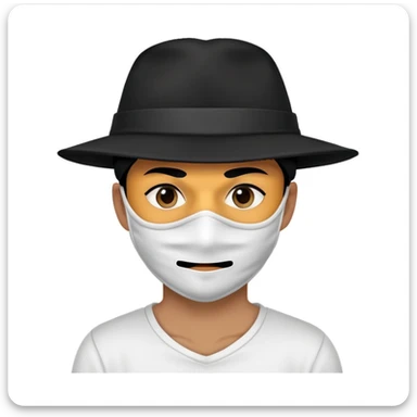 Thief wearing a white shirt with black lines and a black hat with a colored mask sticker