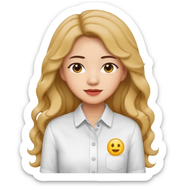 Asian woman, white button-up shirt, long permed wavy hair, emoji style, simple flat colors, transparent background. sticker