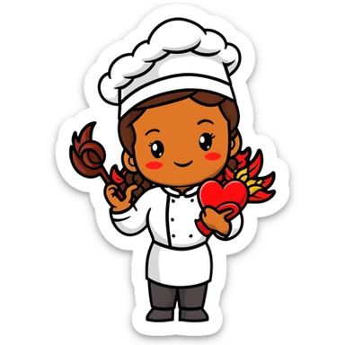 Brown-skinned female chef with long braided brown hair, wearing a chef's hat, with both an angel halo and devil horns, making a heart shape with her hands sticker