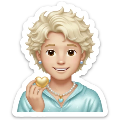 Pretty boy emoji with fluffy hair, heart-shaped face, glowing skin, soft jawline, glossy lips, pearl earring, pastel outfit, silver rings, and sparkles around him. Looks like a model but smiles like a golden retriever. sticker