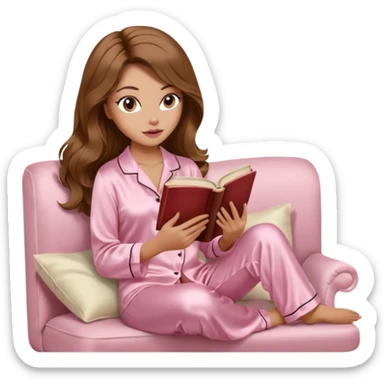 Woman with light tanned skin reading a book on Beige sofa. Long wavy brown hair. Beige ivory colour background. Light pink Silk pyjamas. Realistic person. Fox eye shape with long lashes. Pinky brown lips. sticker