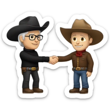 Tim Cook in black turtle neck shaking hands with a caucasian cowboy sticker