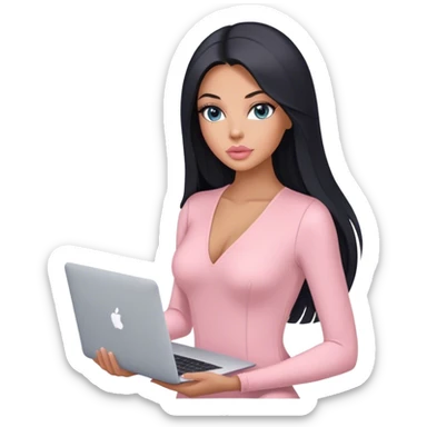 Glamours, tanned, very beautiful girl, with big pump peach-beige-rose lips, black straight smooth silky long hair, straight parting, blue-grey eyes, in light-pink bodysuit holding MacBook sticker