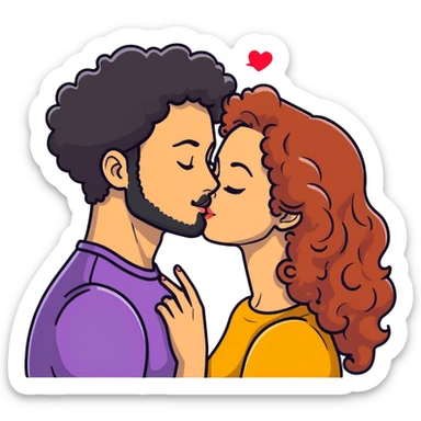 Curly haired girl kissing straight hair man with beard, romantic couple sticker