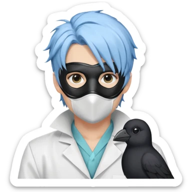 Handsome sexy adult anime man with light-blue hair and a black bird beak mask that covers whole face, wearing a white lab coat (Il Dottore from Genshin Impact) sticker