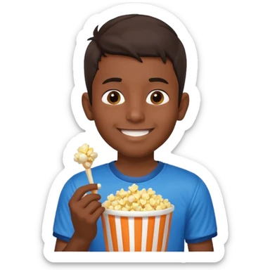 an indian boy wearing indian cricket jersey and eating popcorn sticker