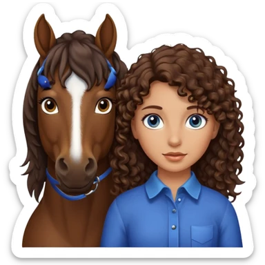 Tan Girl with brown curly hair and blue eyes with an all dark brown horse that has straight hair sticker