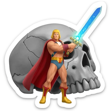 He-man in red cape holding up sword with power color shooting from sword towards sky in front of a large skull shaped gray castle sticker