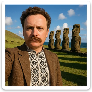 taks a selfie in front of statues on Easter Island sticker