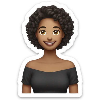 The girl has curly dark hair tied back and a cheerful expression, radiant smile skin tone medium, wearing minimal makeup. off-the-shoulder dark sweatshirt sticker
