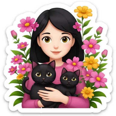 A black-haired girl happily holds a black cat in the flowers sticker