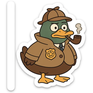 mallard duck as a detective, cute and chubby, with a pipe and a detective badge, playful cartoon style sticker