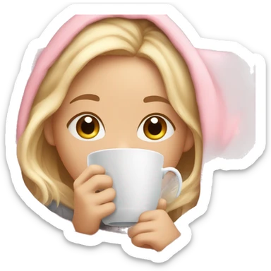 Girl with blonde Hair and Hazel eyes cuddled up in a pink blanket sipping on tea  sticker