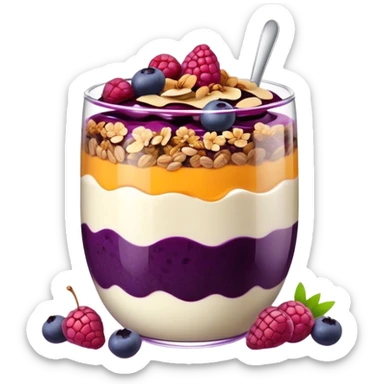 Açaí in a clear cup with layers of fruits and granola and condensed milk Burgundy sticker