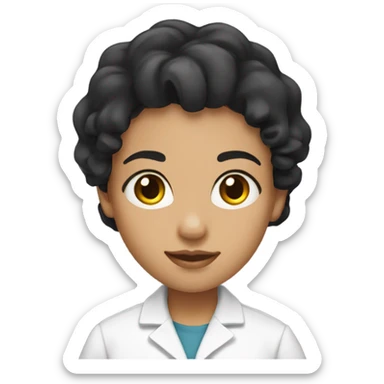 girl emoji. she has short curled black hair. she has brown eyes and a lab coat on. she has small gold hoop earrings and a gold chain necklace.  sticker