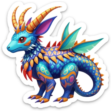 Colorful Exotic La Creatura Pokémon-Fakémon-hybrid-creature (full body) with tribal intricate splash-markings and patterns and furs and scales and spikes and fins and horns  sticker