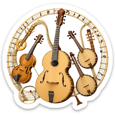 Design a complex and festive emblem-like emoji representing plucked string instruments, such as a banjo, mandolin, domra, sitar, and similar instruments. The composition should resemble a heraldic crest, with the instruments arranged symmetrically and gracefully, their necks intertwining with a flowing ribbon of musical notes. The ribbon should weave through the strings and headstocks, symbolizing the harmonious connection between the instruments. Use detailed engraving on the instrument bodies and fretboards to emphasize their craftsmanship. Incorporate rich, celebratory colors like gold, mahogany brown, deep green, and vibrant accents. Add subtle shading and light reflections to create a three-dimensional, polished look. Include ornate elements like swirls, laurel leaves, and decorative flourishes to enhance the festive and professional appearance. The background should be transparent to highlight the emblem as a standalone piece. sticker