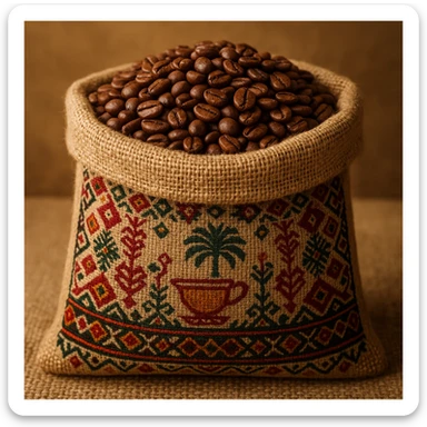 Saudi coffee beans in a burlap sack with Middle Eastern motif sticker