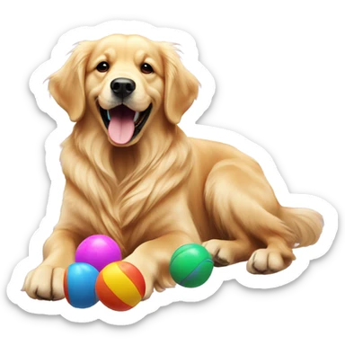 Golden retriever dog with a toy sticker