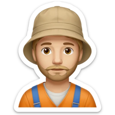 Romanian brown blond ish hair male, 30 yrs old, a little bit of facial hair, bucket hat on the head sticker